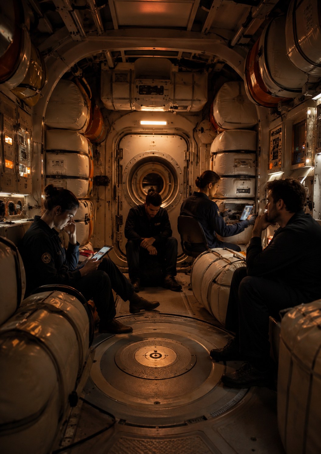 Équipage en phase d’opérations et de coordination dans un volume pressurisé de mission martienne.
