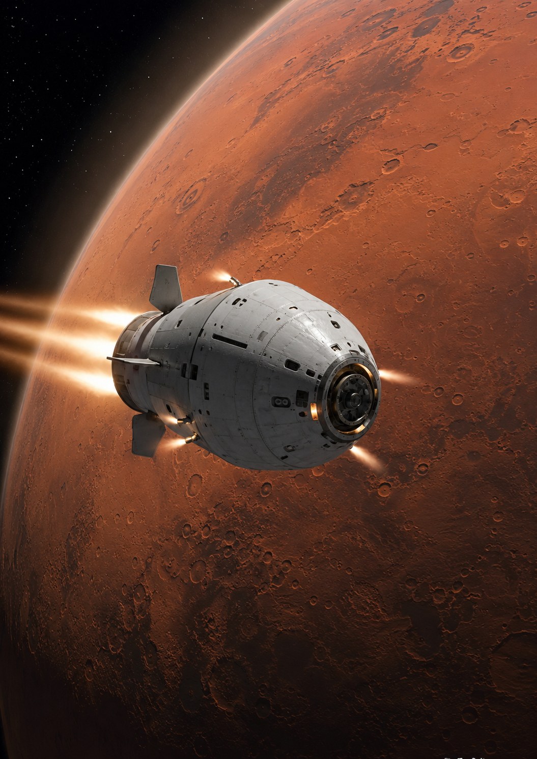 Véhicule spatial en approche de Mars, illustrant la continuité guidage-navigation-contrôle avant les manœuvres terminales.