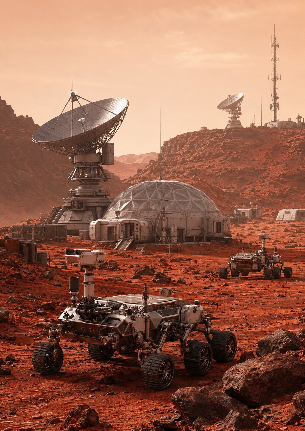 Rover autonome et station de communication sur Mars, avec antennes de relais à proximité d’une base.