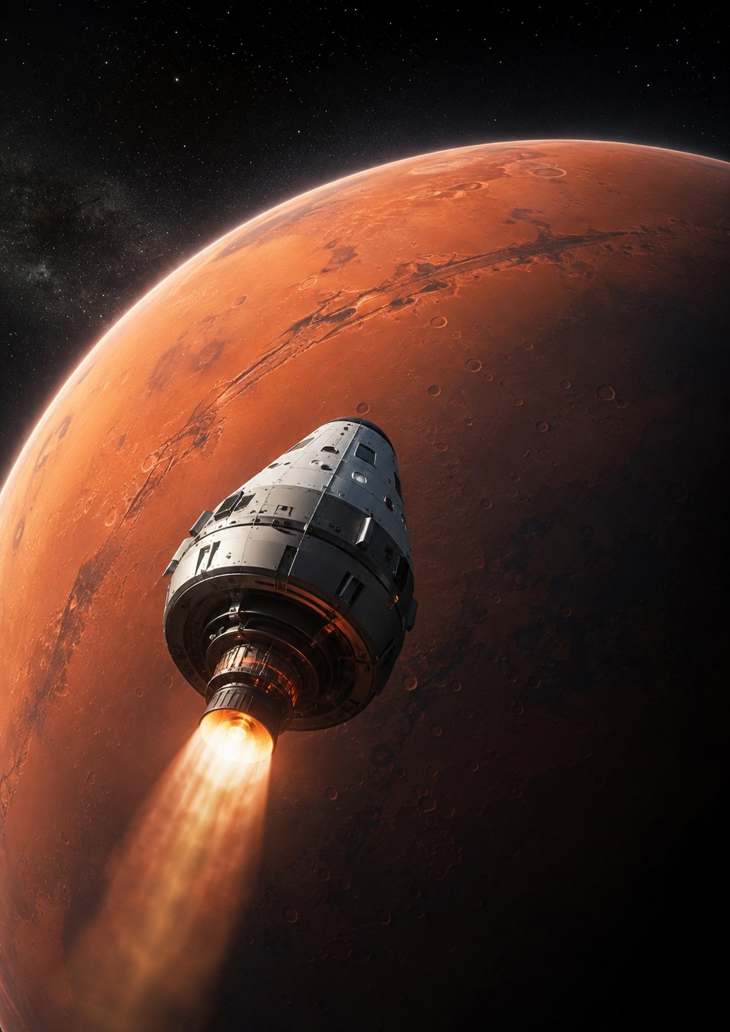 Véhicule spatial effectuant une manœuvre propulsive à l’arrivée près de Mars.