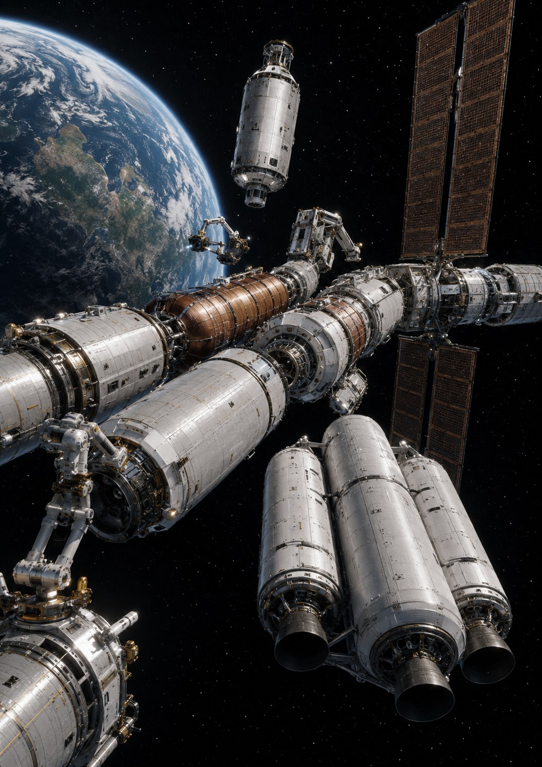 Assemblage orbital modulaire d’un système de transport interplanétaire avant le départ vers Mars.