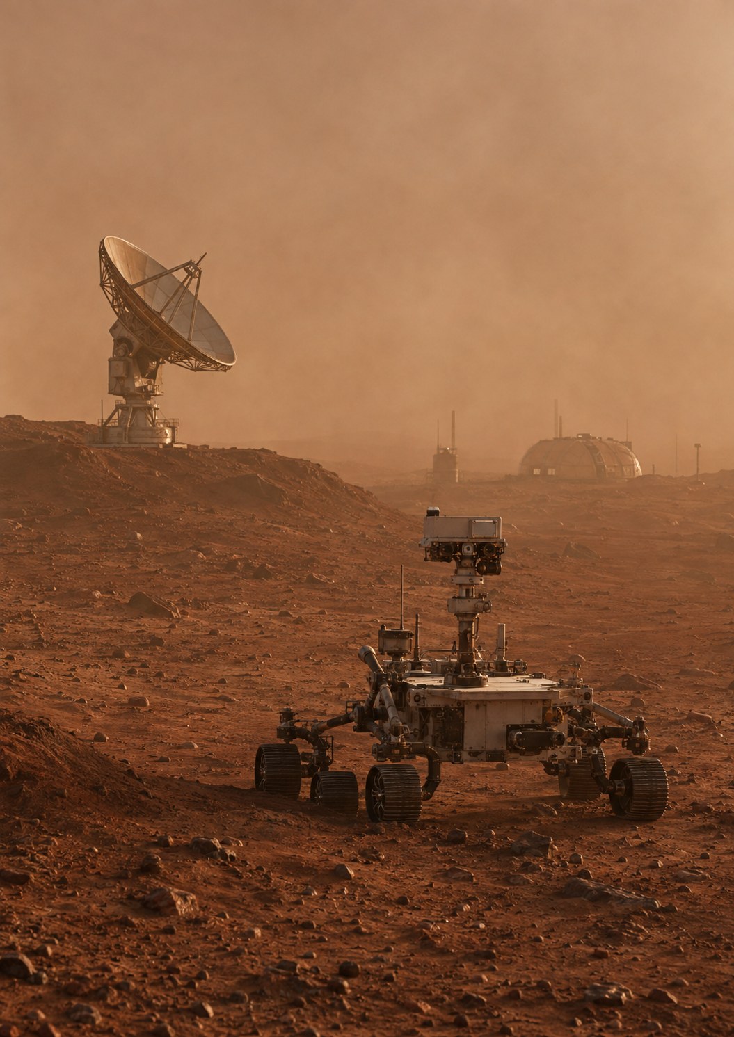 Rover et station de relais martienne opérant sous poussière avec antenne directionnelle de grande taille.