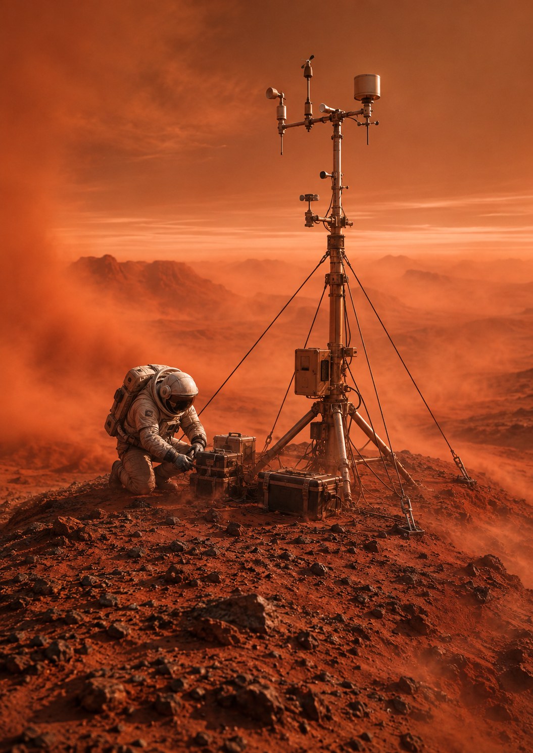 Astronaute déployant une station instrumentée sur Mars dans une atmosphère chargée de poussière.