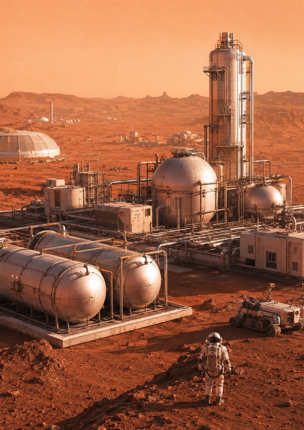 Complexe ISRU avec réacteurs, stockage et réseau de transfert de fluides.
