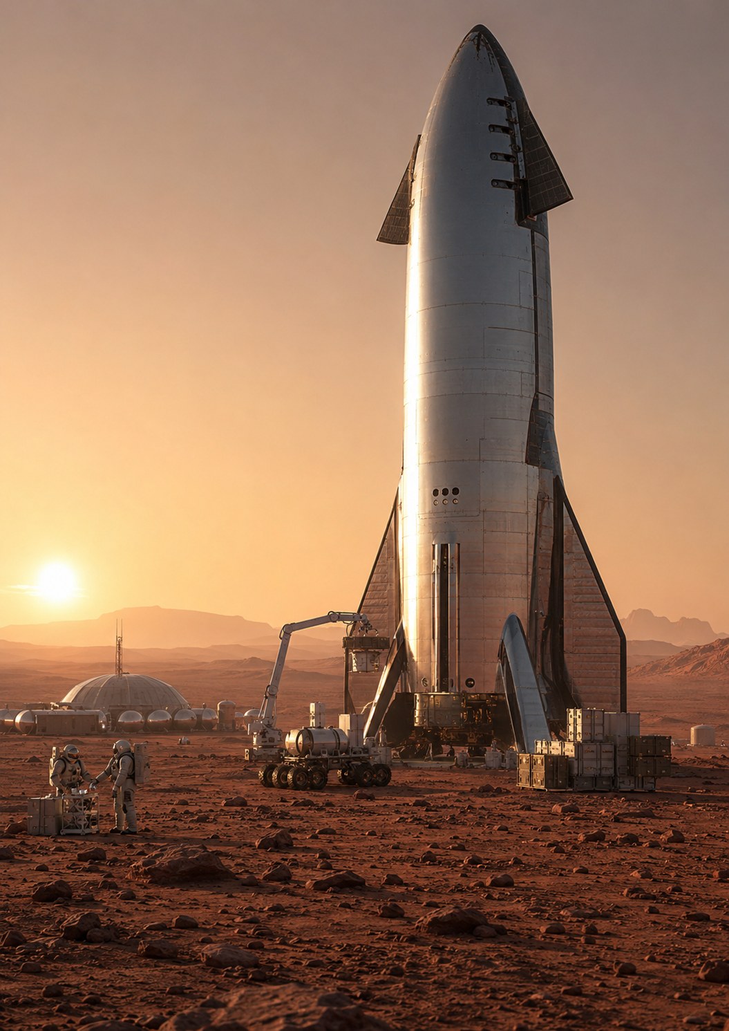 Grand véhicule de transport de type Starship posé à proximité d’une implantation martienne.