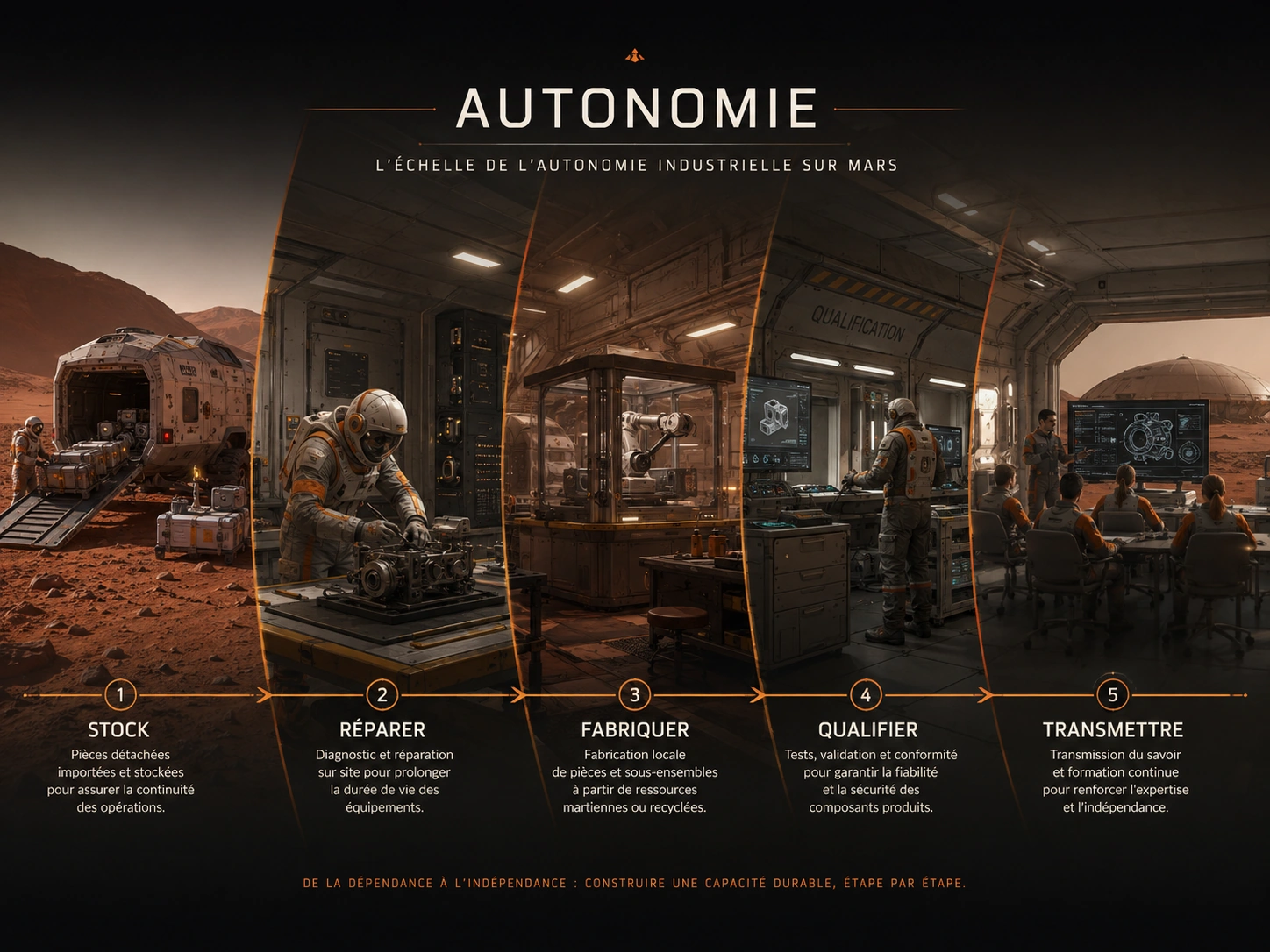 Échelle premium de l’autonomie industrielle martienne : stocker, réparer, fabriquer, qualifier et transmettre.