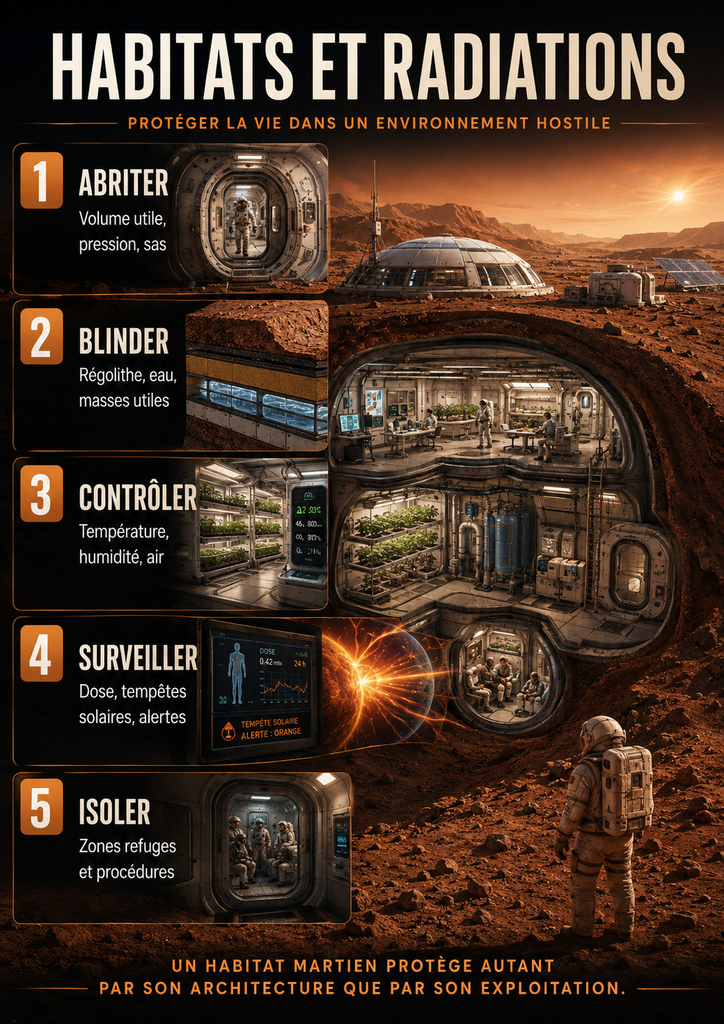 Habitats martiens : blindage, enfouissement et protection contre les radiations.