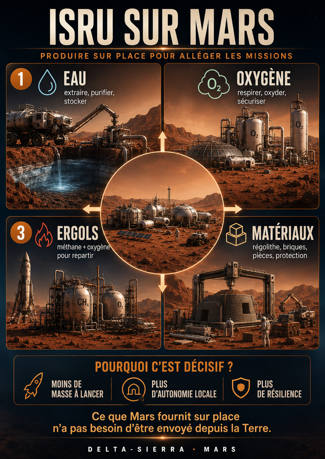 ISRU : produire localement eau, oxygène, matériaux et carburants.