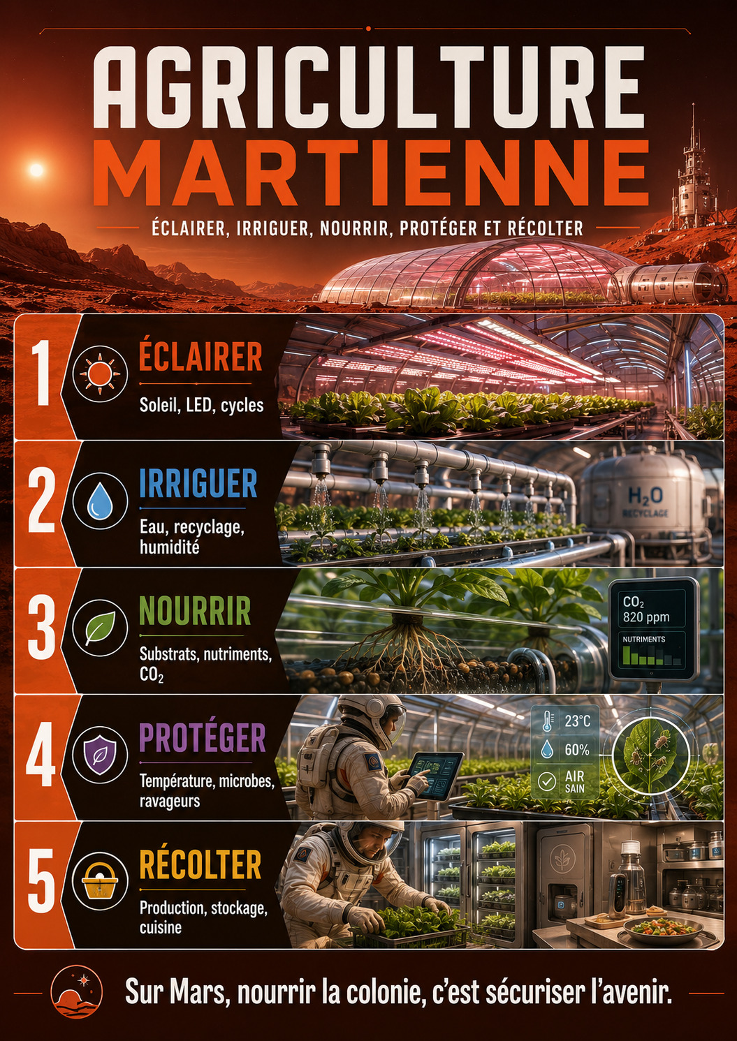 Agriculture martienne : éclairer, irriguer, nourrir, protéger et récolter.