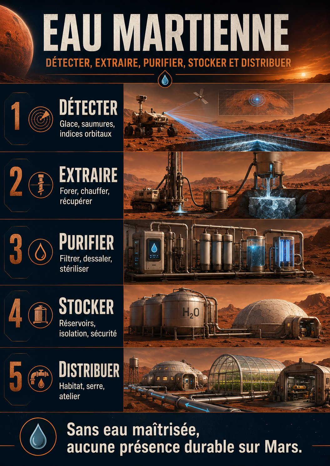 Eau martienne : détecter, extraire, purifier, stocker et distribuer.