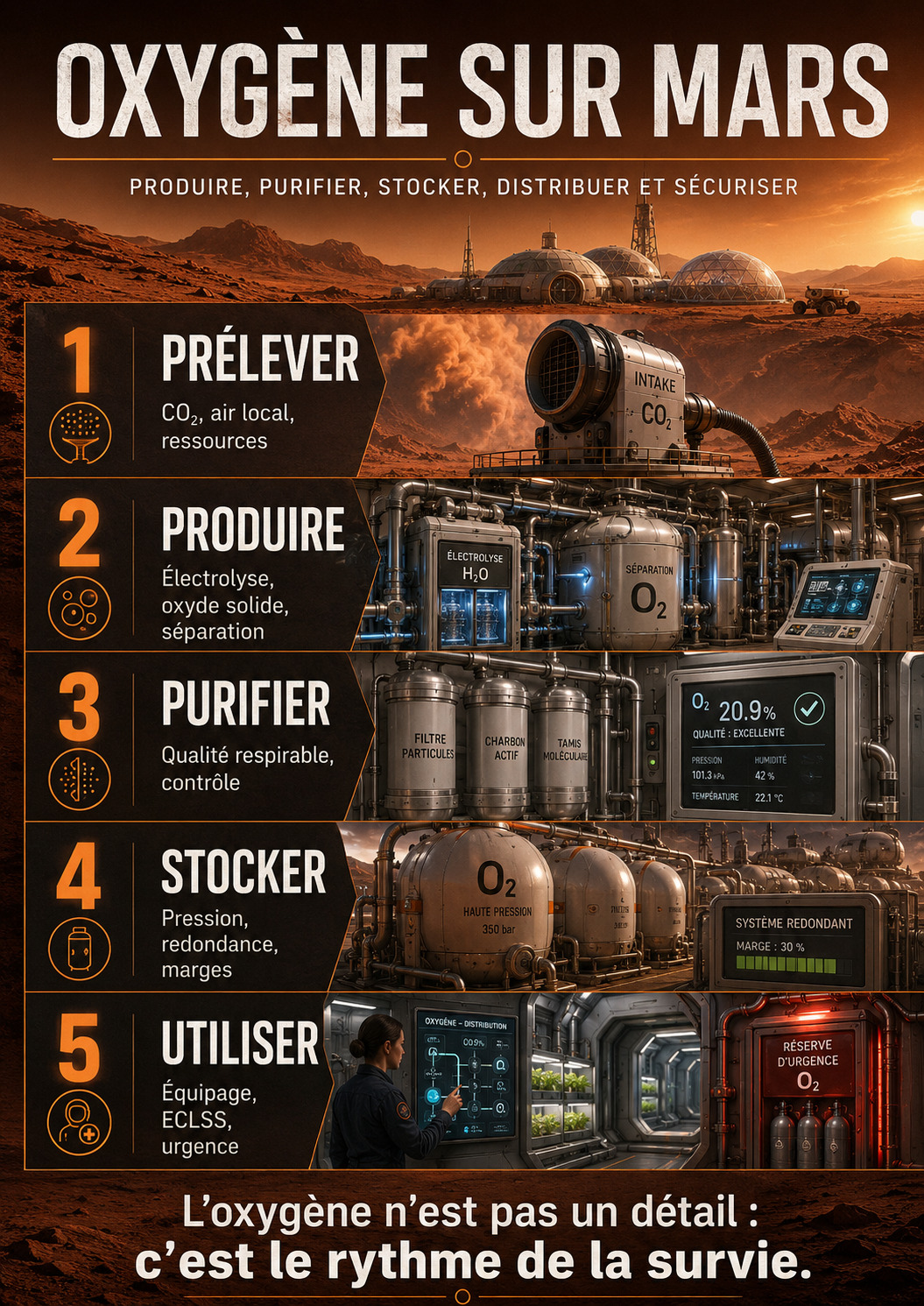 Oxygène sur Mars : produire, purifier, stocker, distribuer et sécuriser.