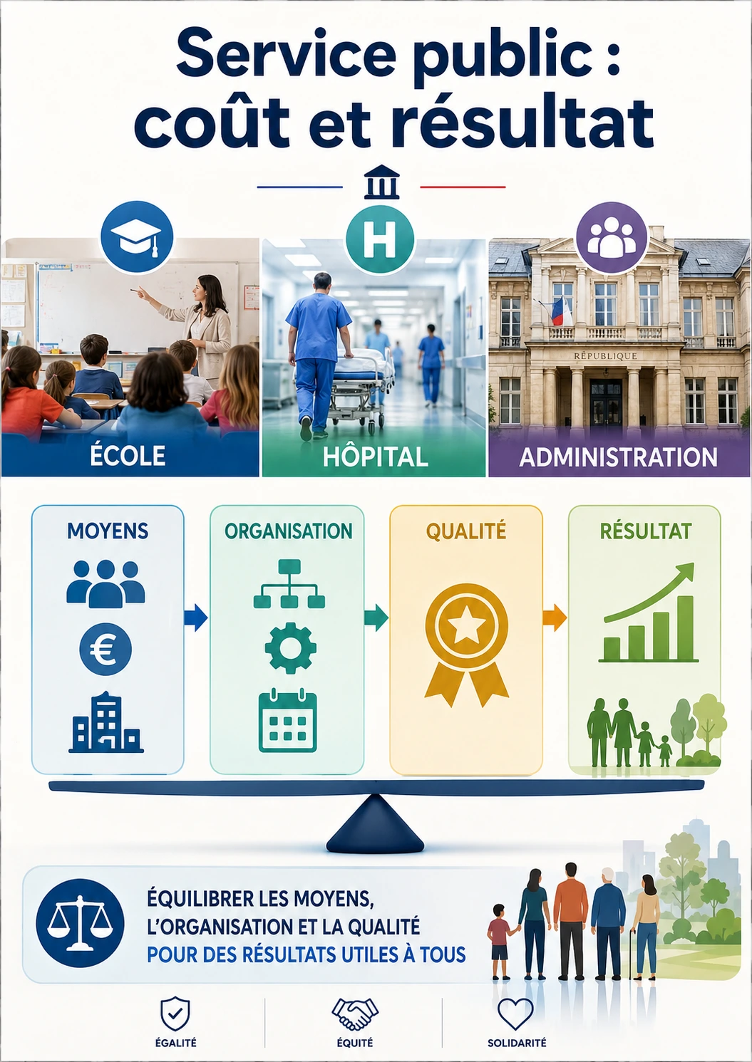 Service public : équilibrer les moyens, l’organisation et la qualité pour obtenir des résultats utiles à tous.