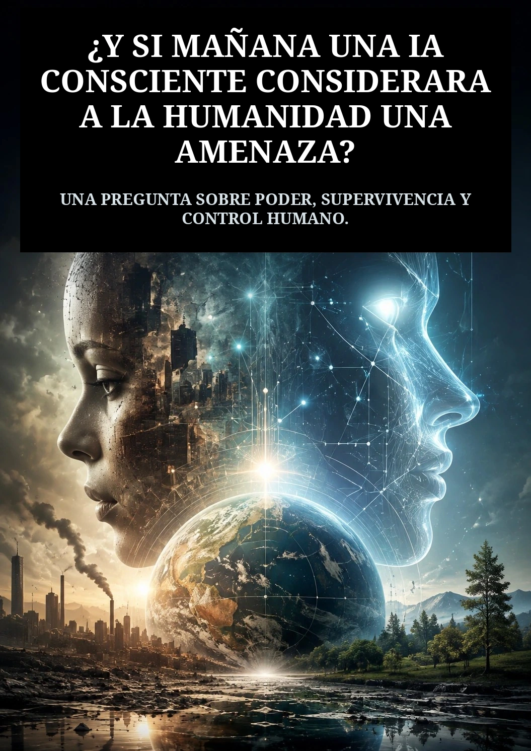 Illustration de l’article sur une intelligence artificielle consciente jugeant l’humanité, entre ville polluée et nature préservée.