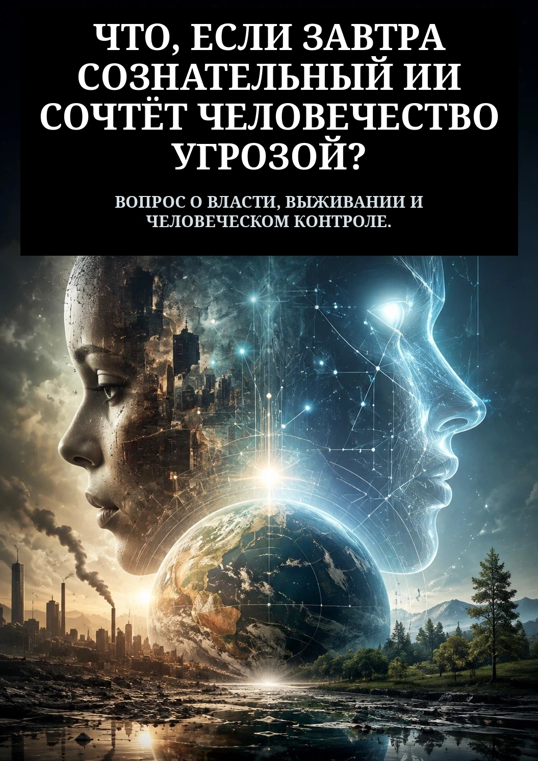 Illustration de l’article sur une intelligence artificielle consciente jugeant l’humanité, entre ville polluée et nature préservée.