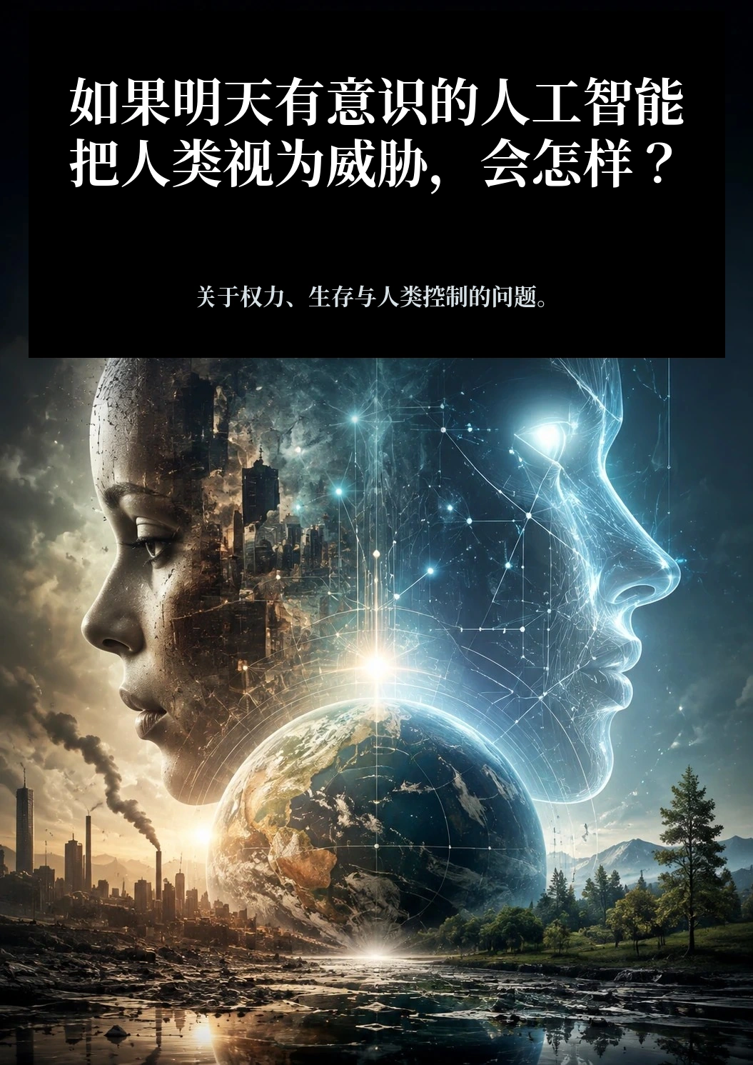 Illustration de l’article sur une intelligence artificielle consciente jugeant l’humanité, entre ville polluée et nature préservée.