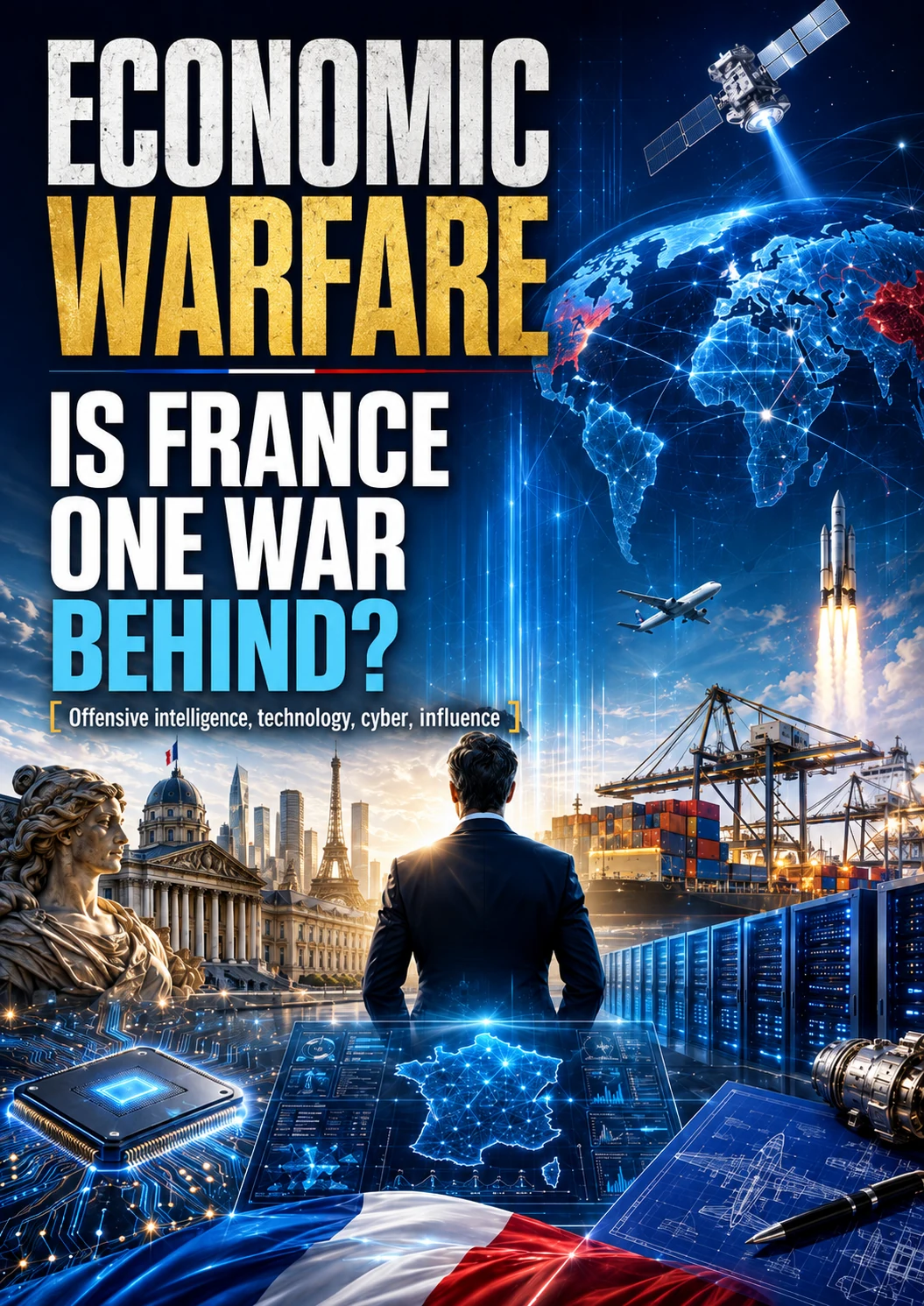 Editorial illustration of economic warfare, technological intelligence and French industrial competition.