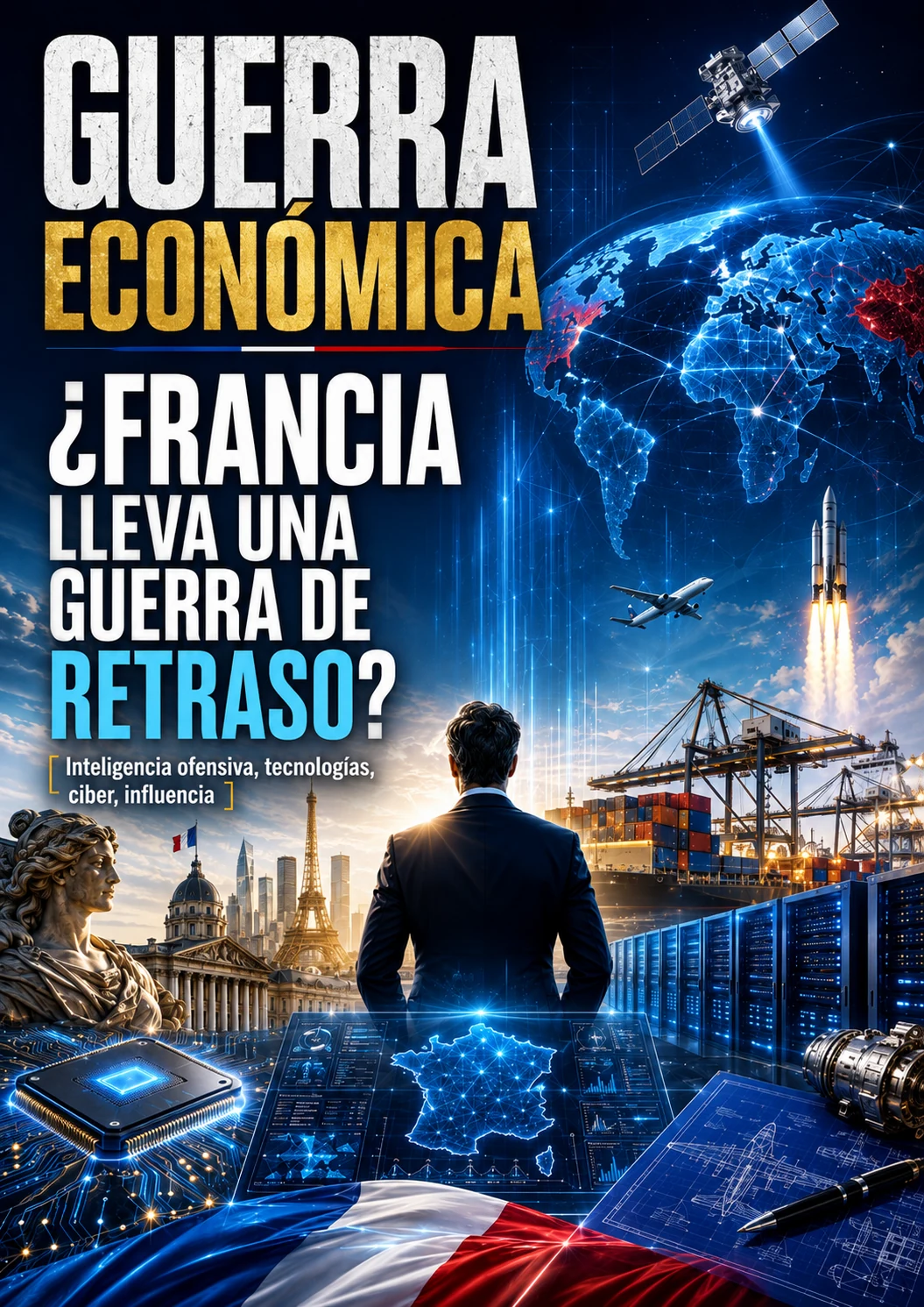 Ilustración editorial sobre guerra económica, inteligencia tecnológica y competencia industrial francesa.