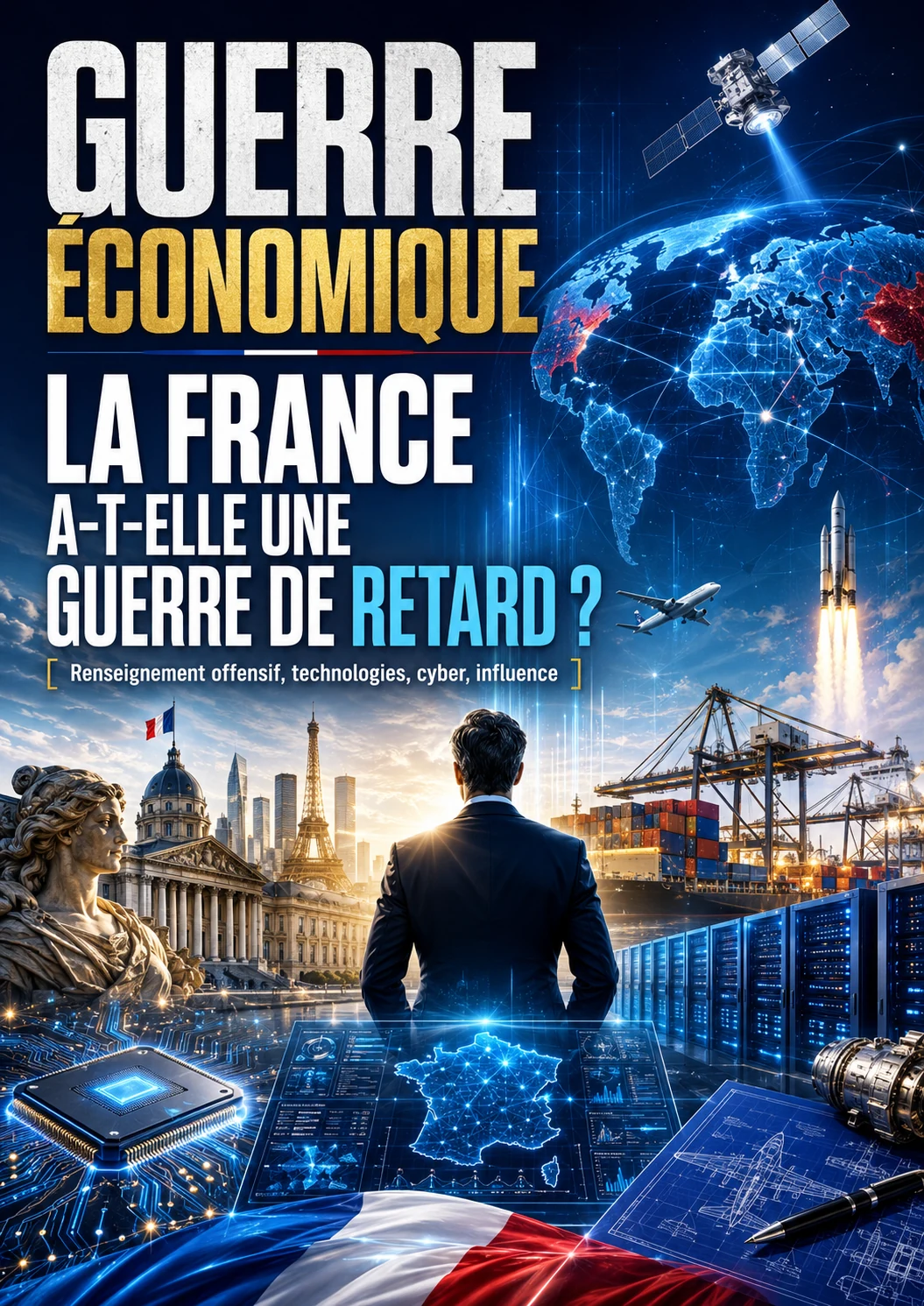 Illustration éditoriale de la guerre économique, du renseignement technologique et de la compétition industrielle française.
