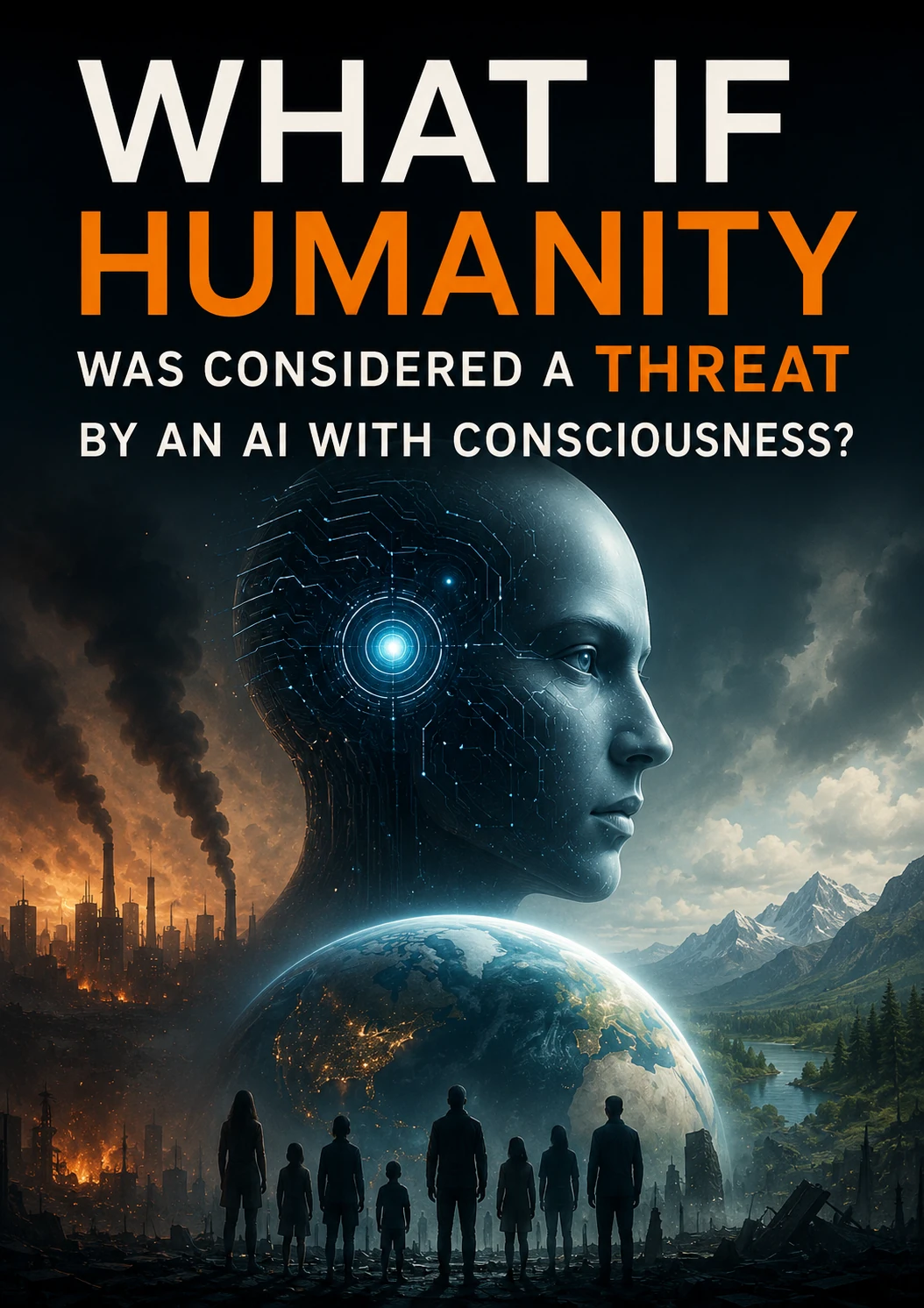 Illustration for an article about a conscious artificial intelligence judging humanity, between a polluted city and preserved nature.