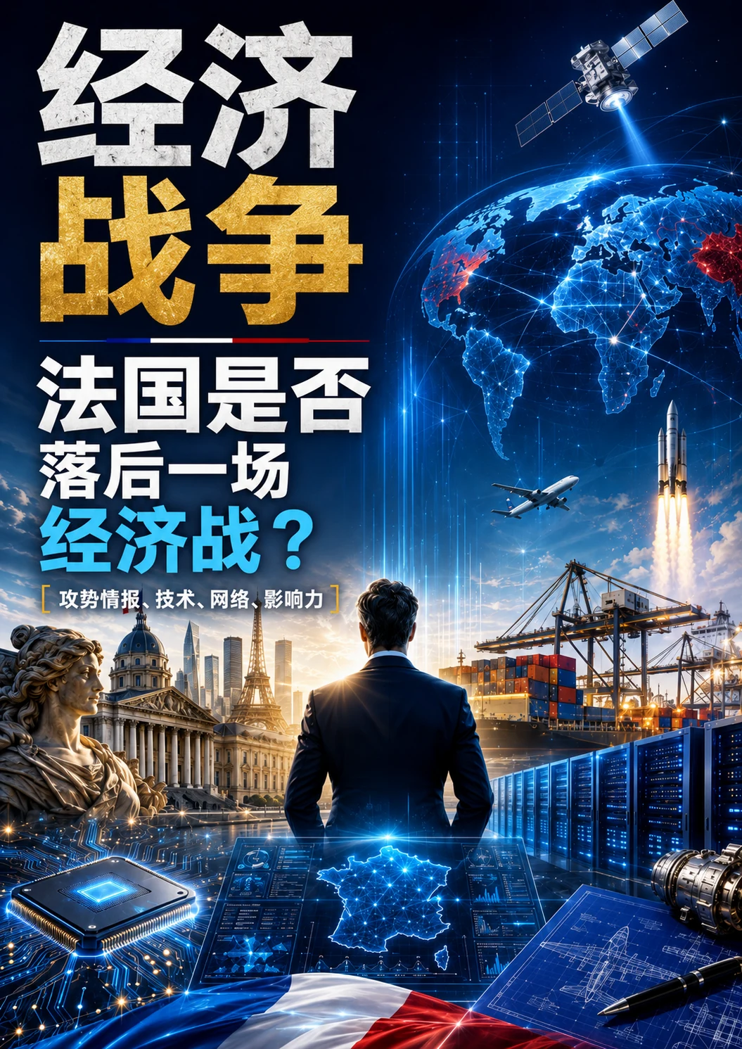 经济战争、技术情报与法国工业竞争的编辑性示意图。