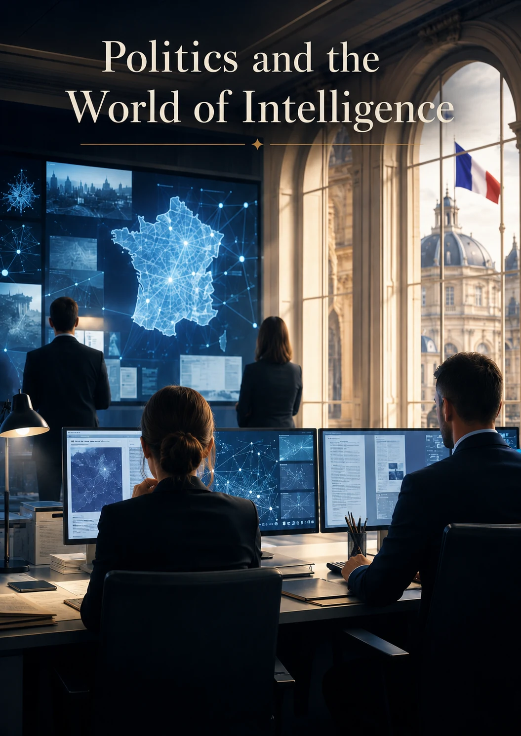 French intelligence analysis centre with a digital map of France.