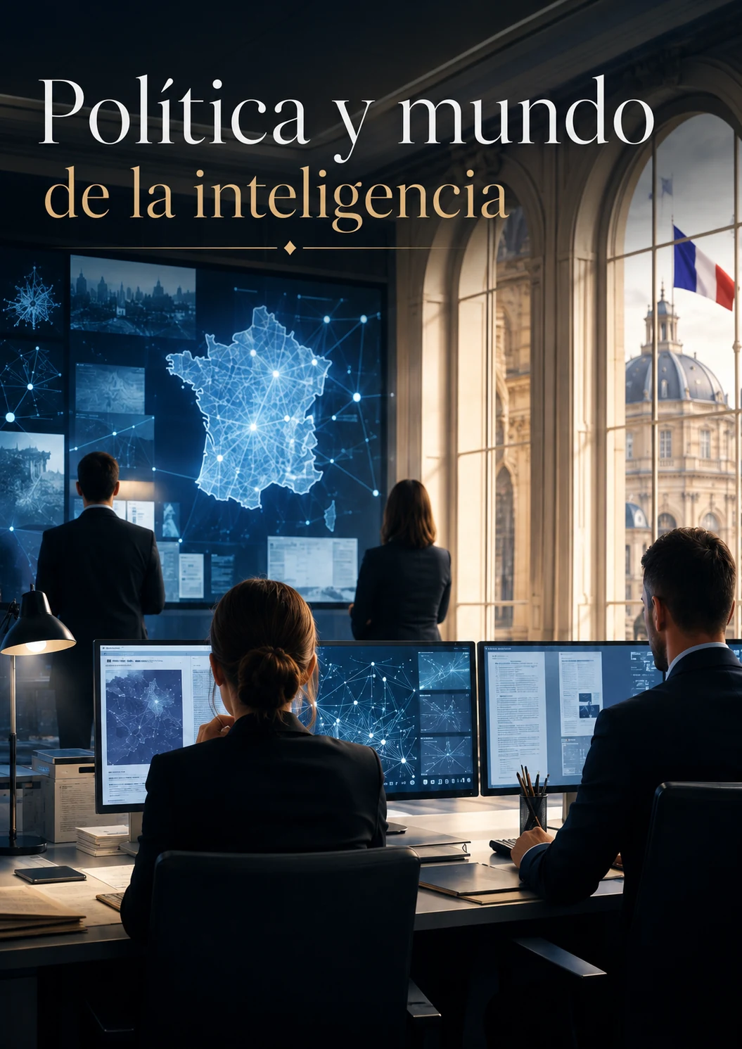 Centro de análisis de inteligencia francés con un mapa digital de Francia.
