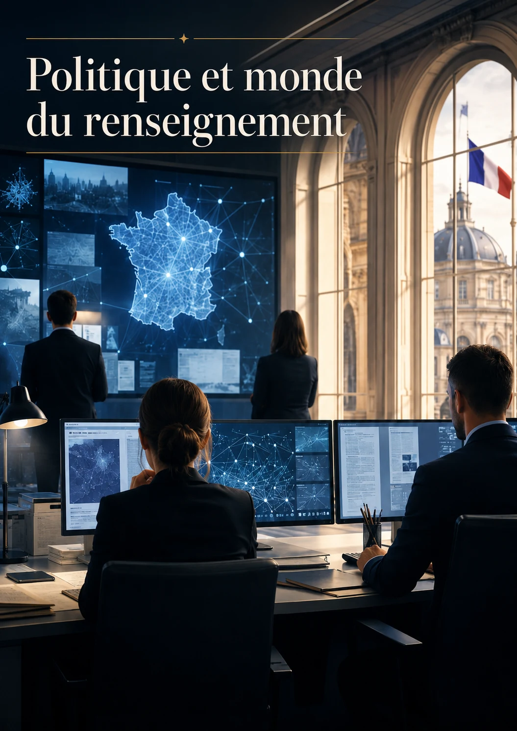 Salle d’analyse et de renseignement en France, avec une carte numérique du territoire français.