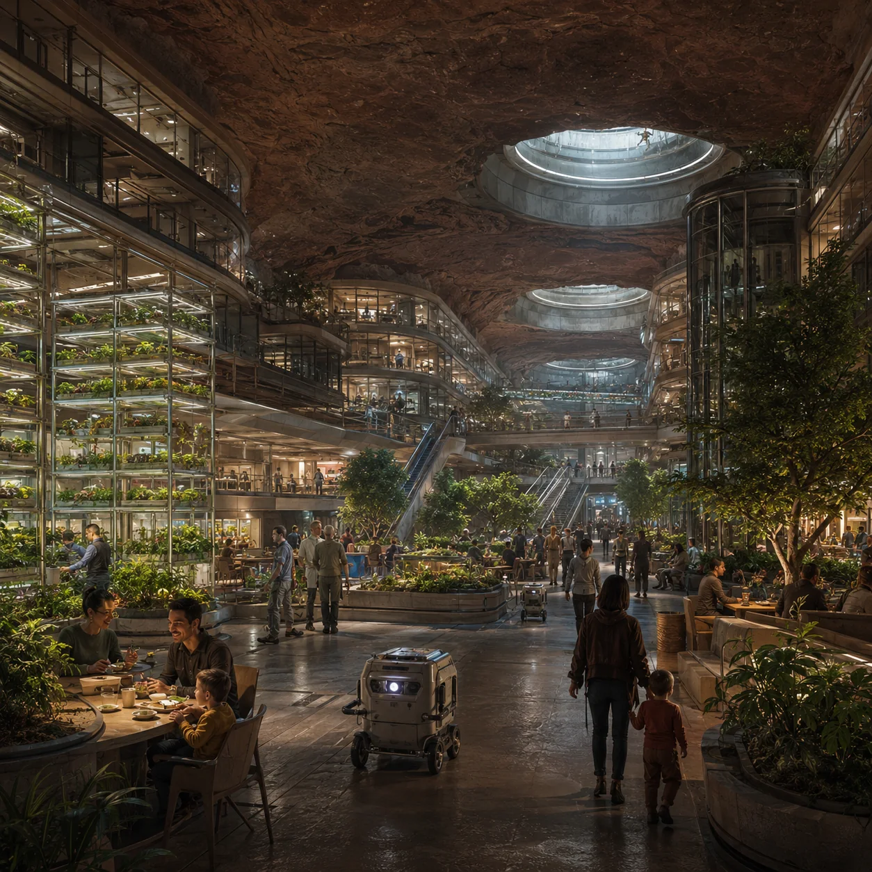 Greenhouses connect food production with water, energy, biological cycles and the psychological value of living vegetation in an isolated settlement.