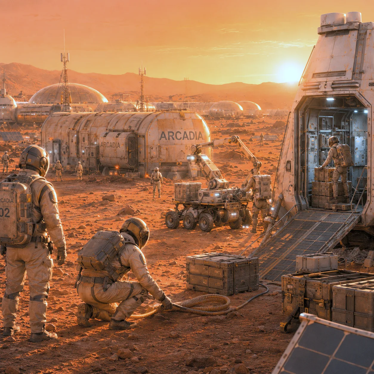 Early survival depends on a practical network of habitats, vehicles, reserves and equipment able to operate despite dust, distance and limited replacement capacity.
