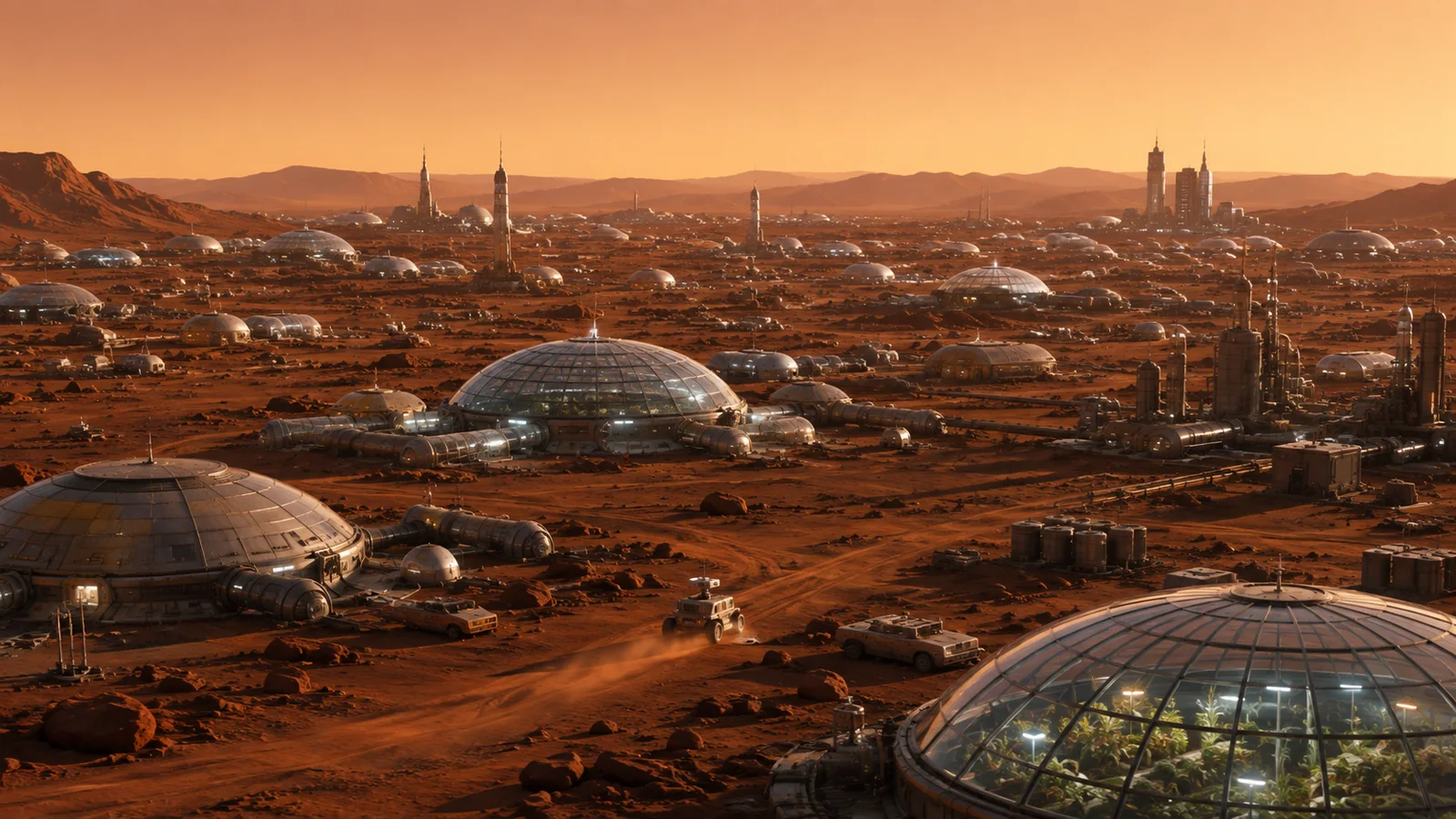 The Martian city becomes an inhabited world in which technical infrastructure coexists with families, services, routines and collective memory.
