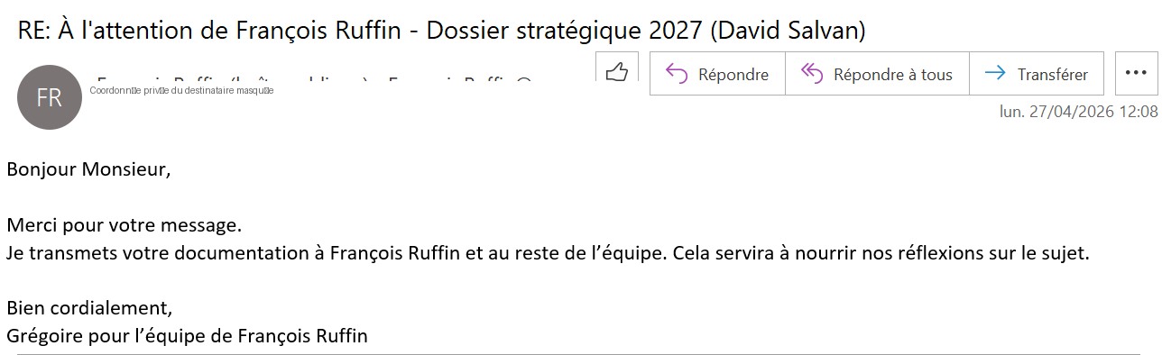 Capture de la réponse : Équipe de François Ruffin — 27 avril 2026