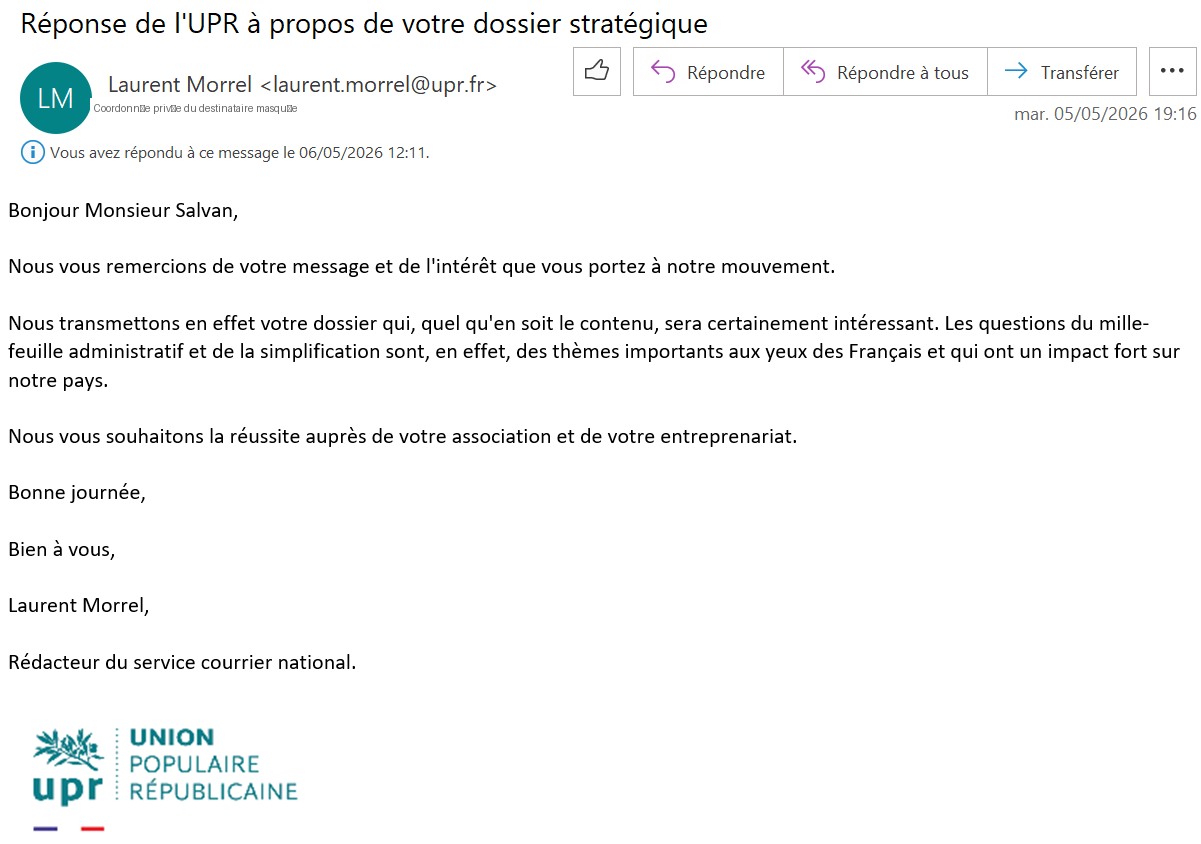 Capture de la réponse : Union Populaire Républicaine — 5 mai 2026