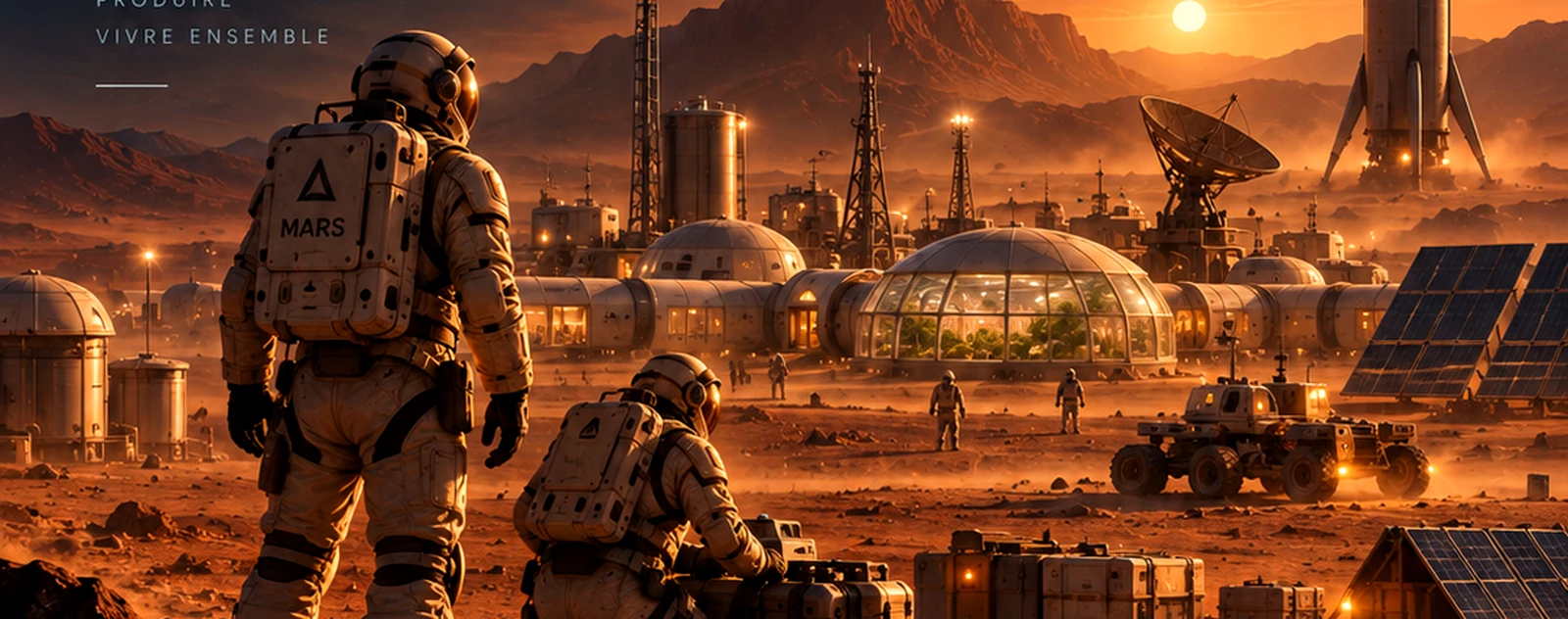 Implantation martienne au coucher du soleil, avec astronautes, habitats, rover et infrastructures de surface — Space Academy Delta-Sierra.