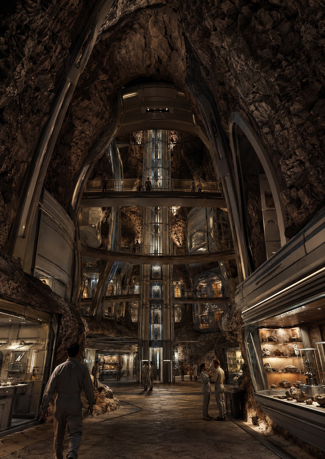 Multi-level underground Martian habitat linking housing, services and communal spaces.