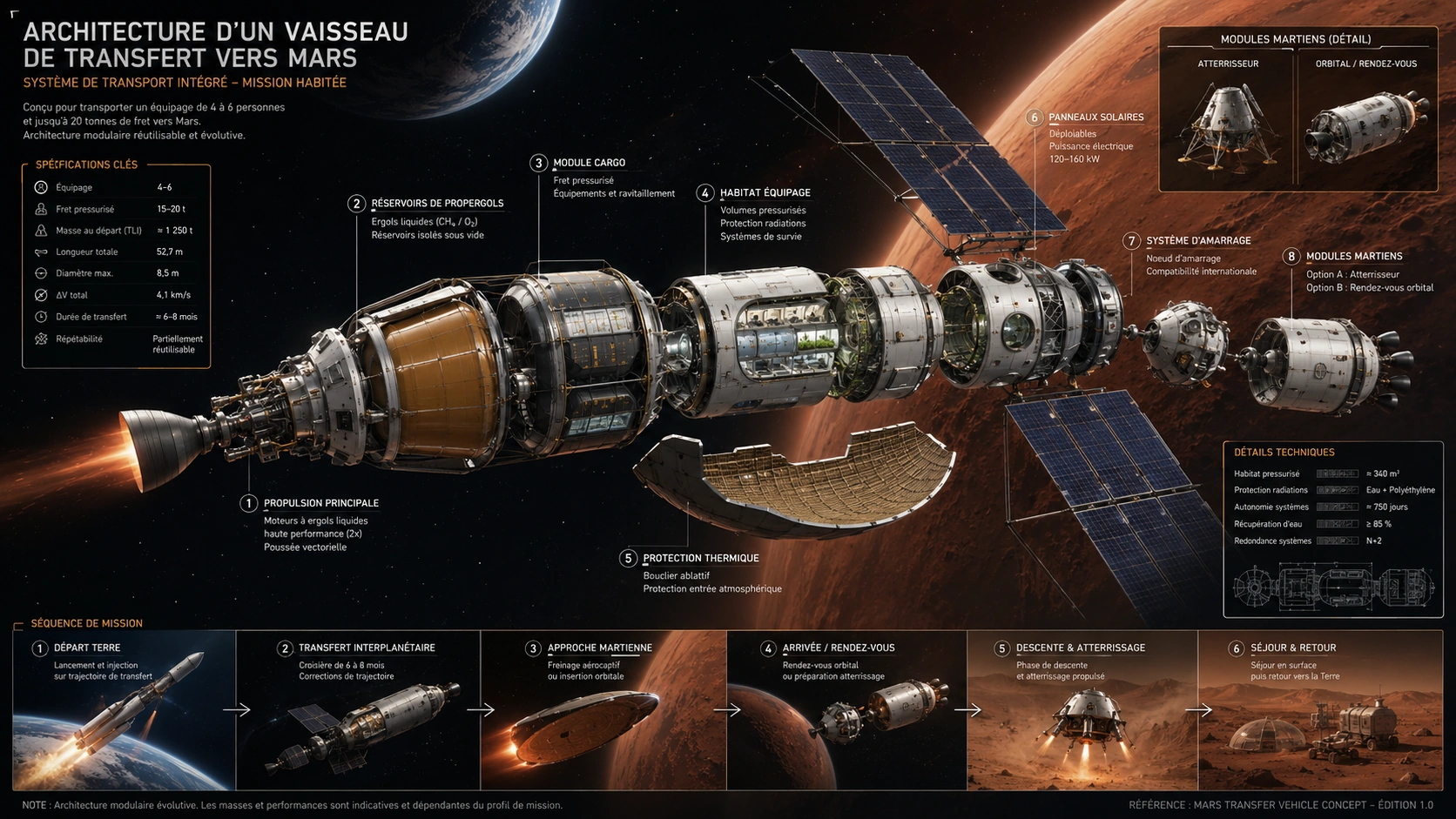 Le voyage interplanétaire : transfert, vie à bord et arrivée sur Mars.