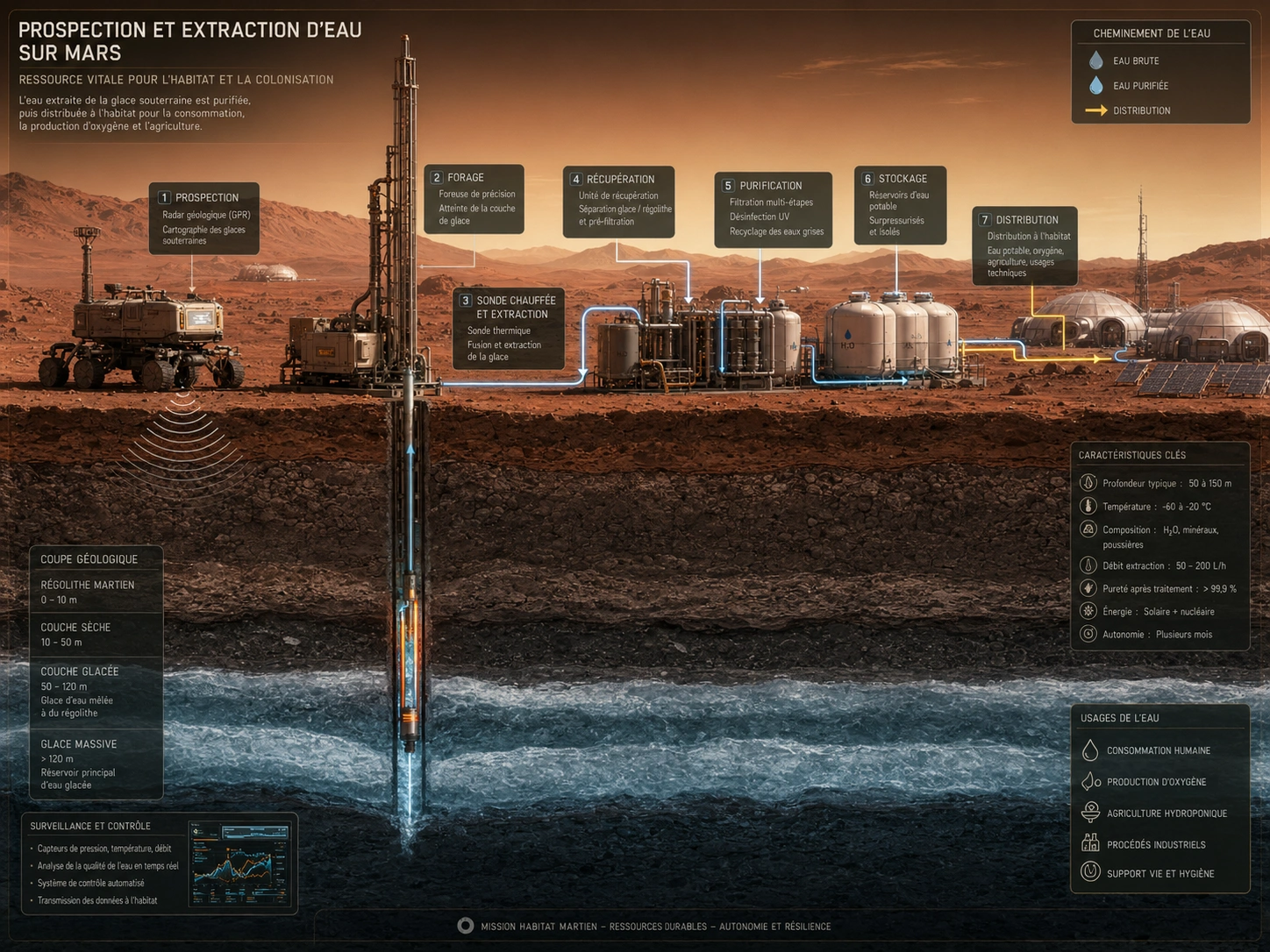Choix du site : eau, terrain, énergie, latitude, sécurité et logistique.