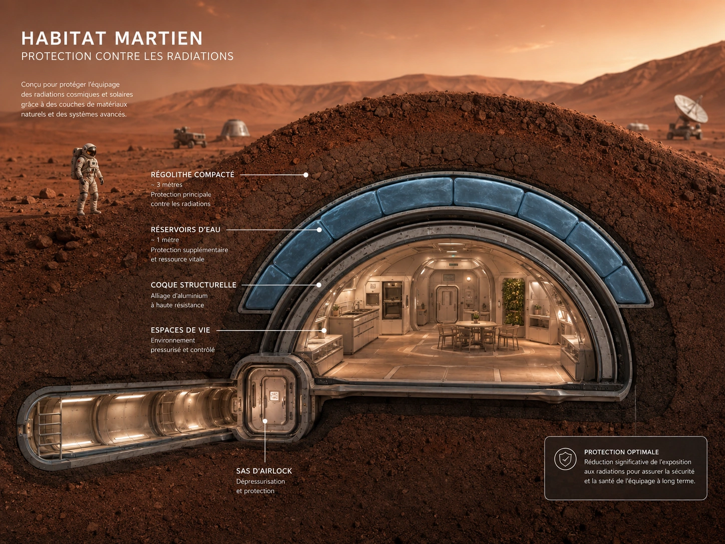 Habitat martien protégé : pressurisation, blindage, organisation intérieure et interfaces.