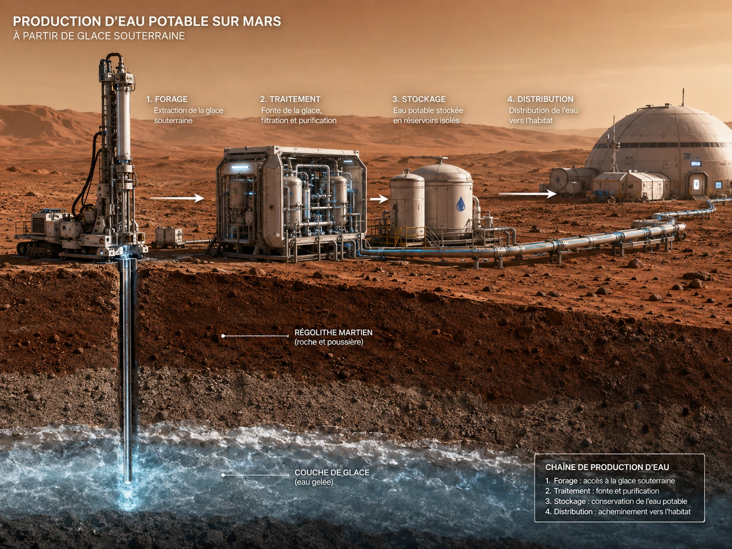 Choix du site : eau, terrain, énergie, latitude, sécurité et logistique.