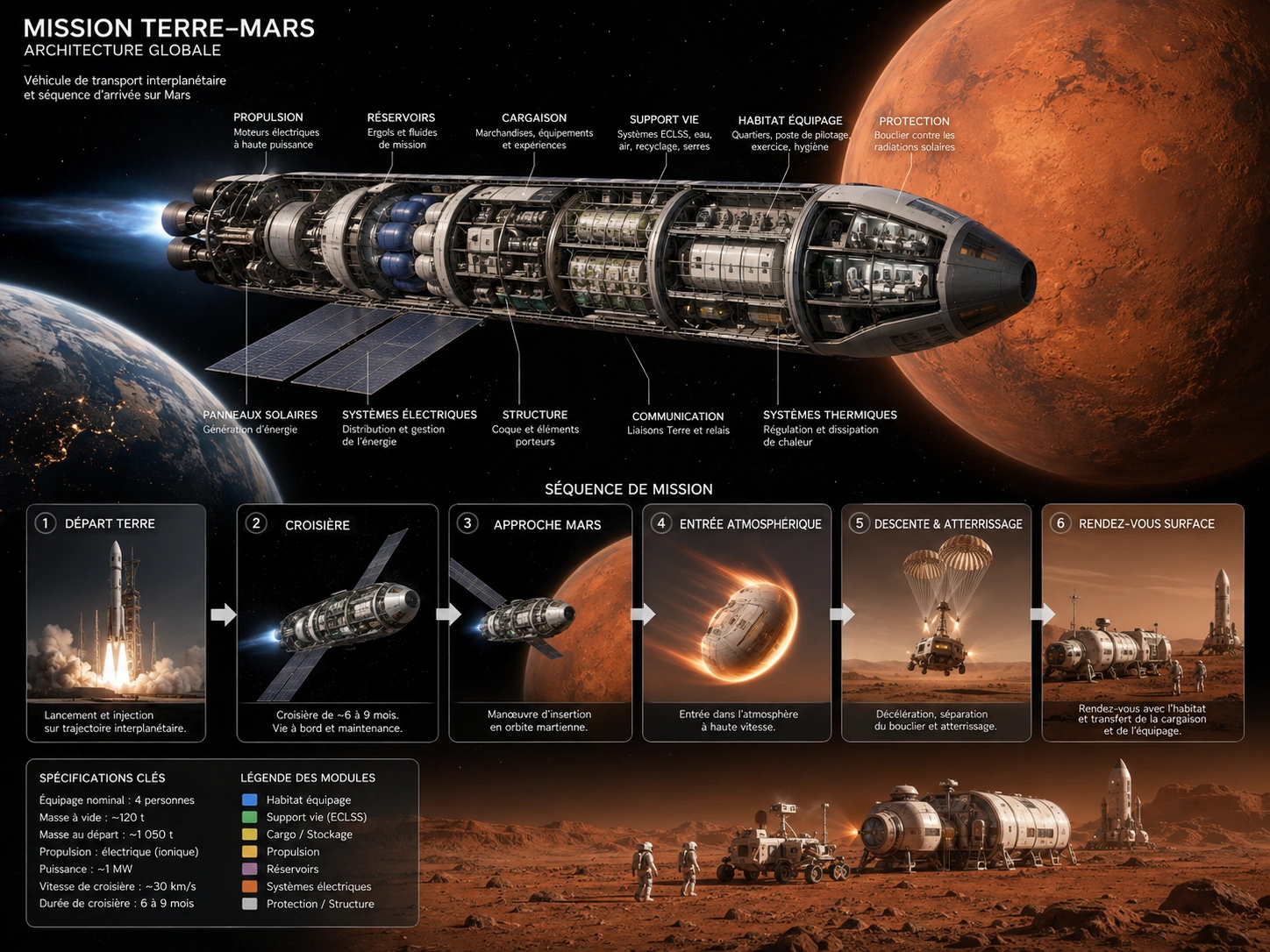 Le voyage interplanétaire : transfert, vie à bord et arrivée sur Mars.