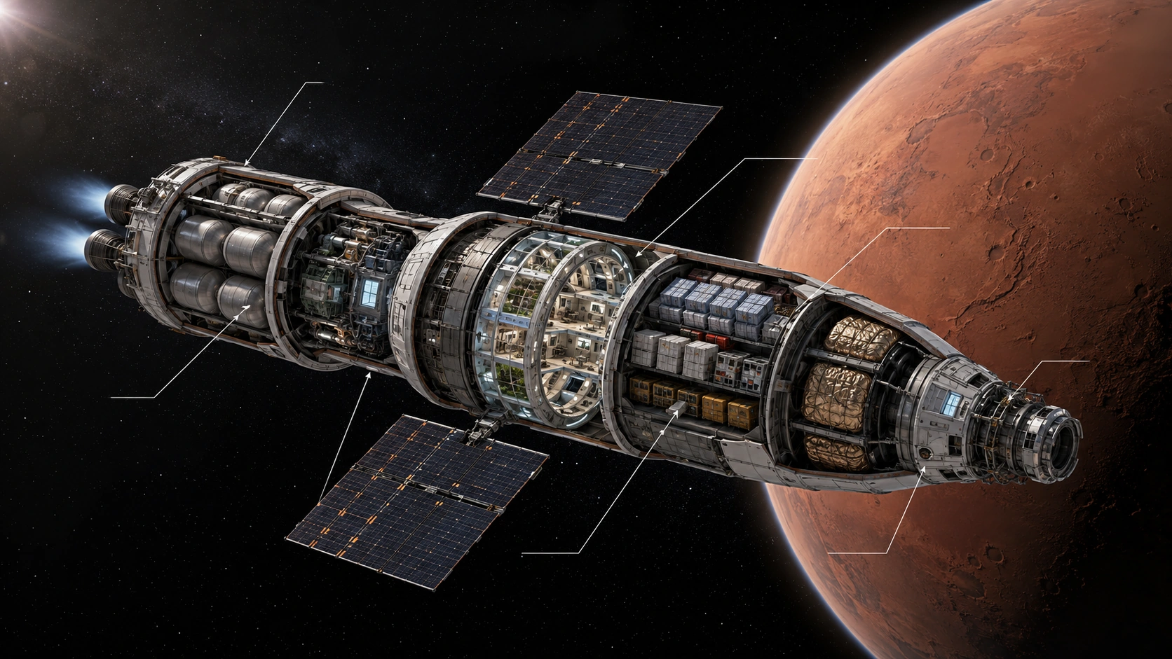Le voyage interplanétaire : transfert, vie à bord et arrivée sur Mars.