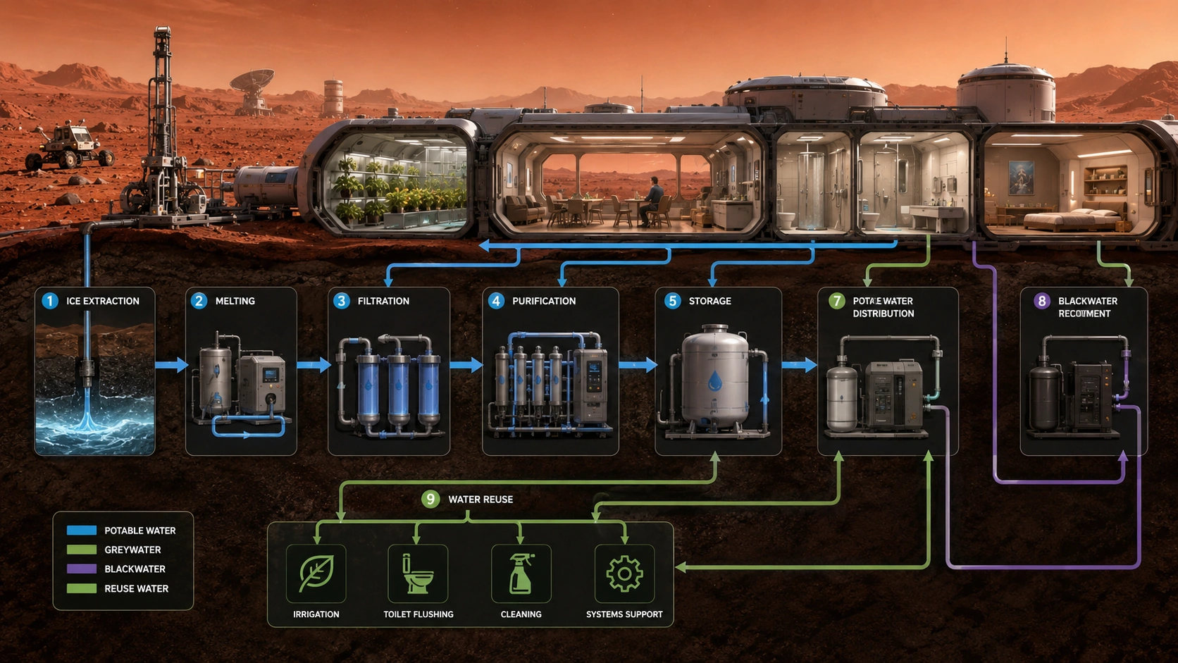 Chaîne martienne de l’eau montrant extraction de glace, fusion, filtration, purification, stockage, distribution d’eau potable et recyclage des eaux grises et noires.