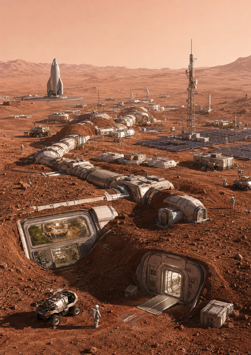 Vue d’ensemble de l’implantation martienne et de ses systèmes interdépendants.