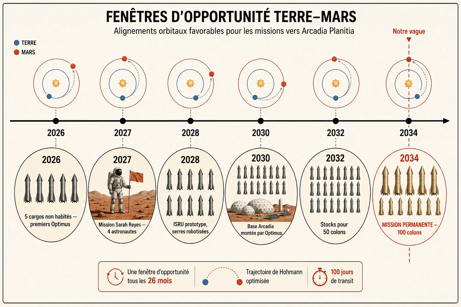 Phases de capacité, calendrier et seuils techniques avant une véritable colonie.