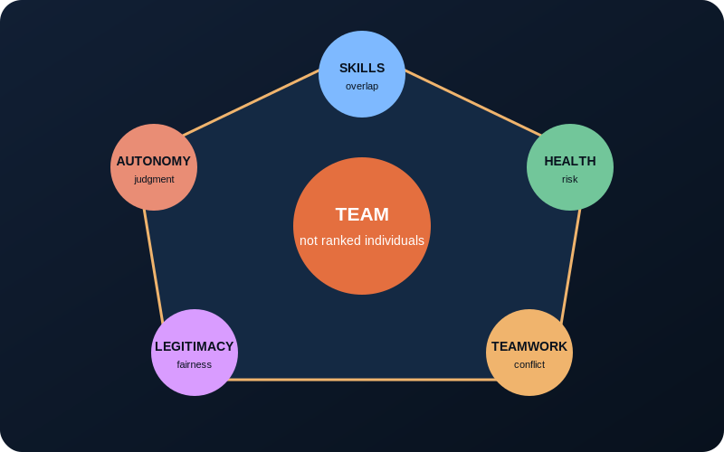 Crew selection diagram balancing technical skills, health, psychology, teamwork, diversity and governance legitimacy