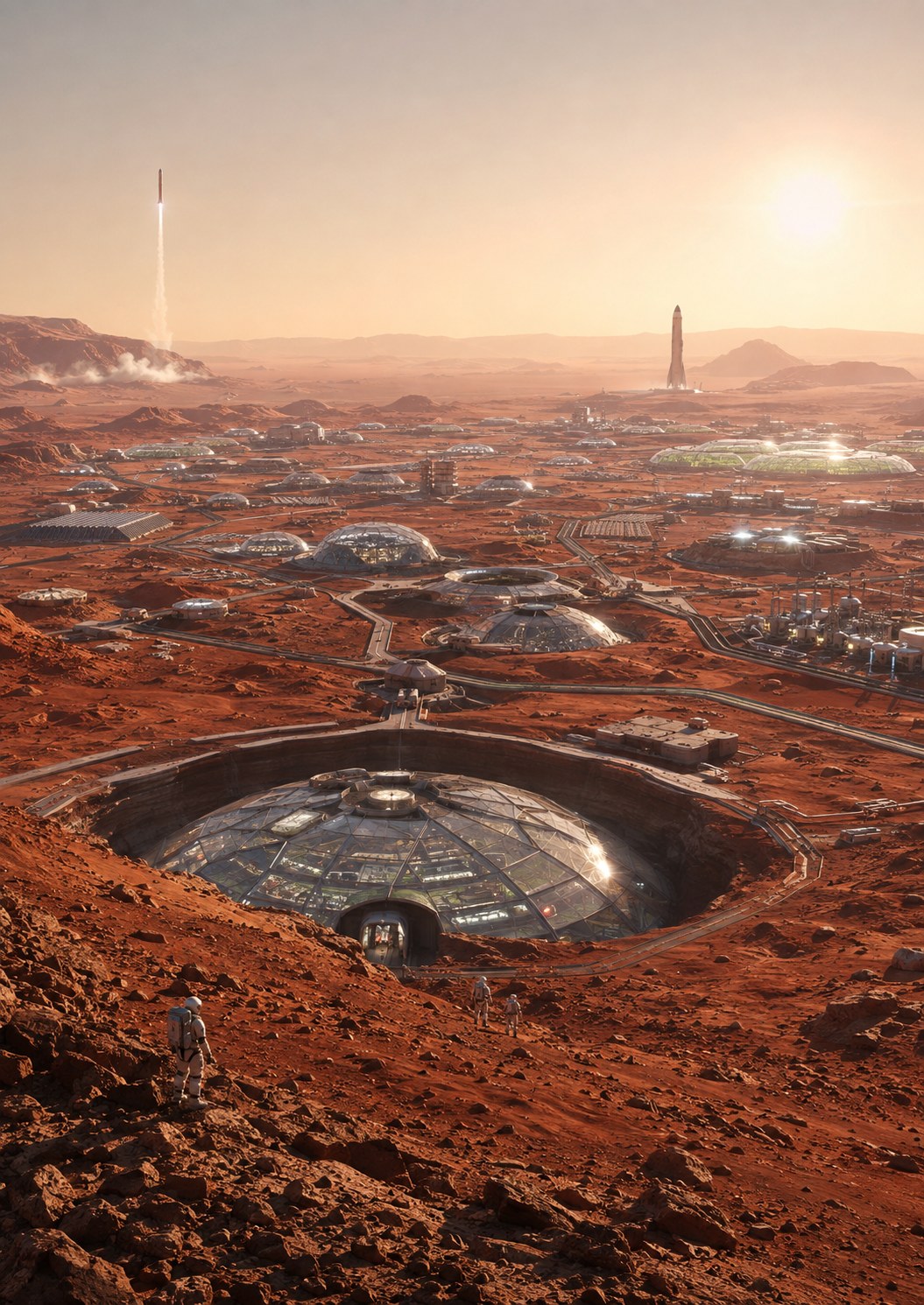 Aerial view of a future Martian settlement with protected districts and infrastructure