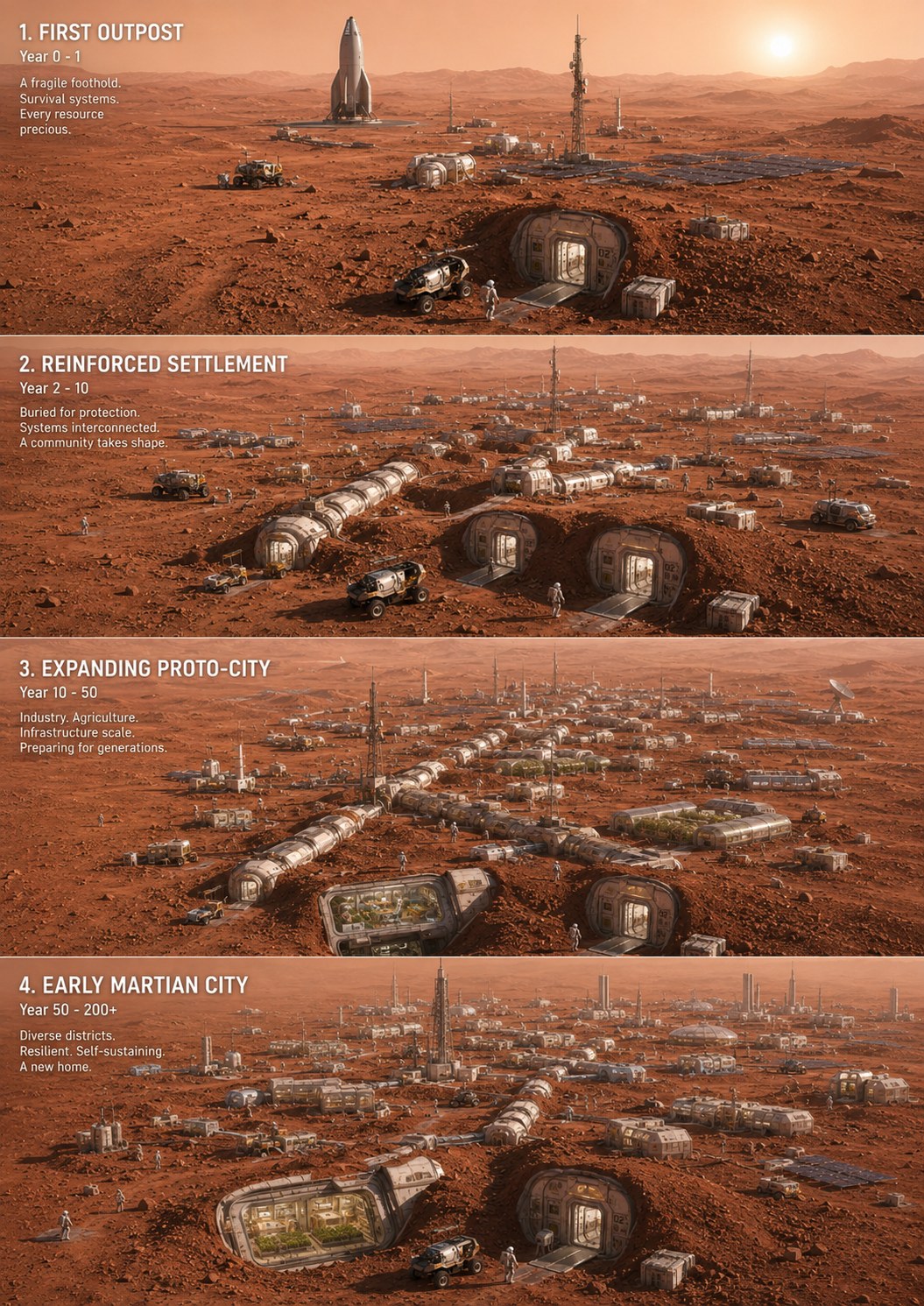 Martian settlement expanding through successive stages