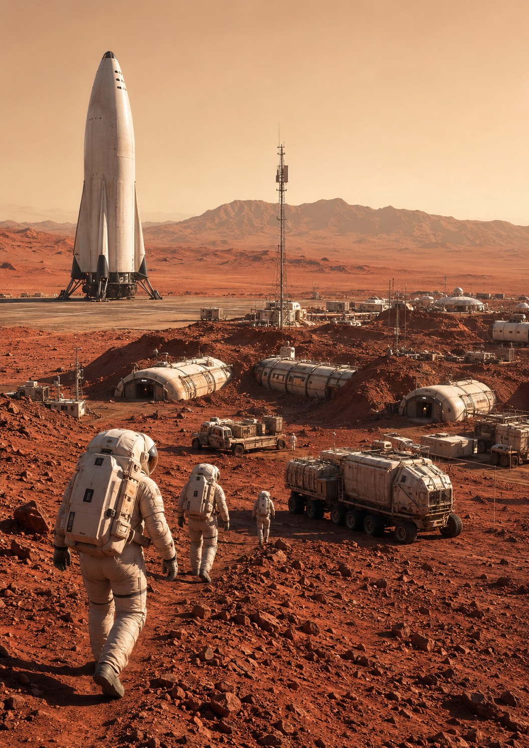 Surface operations near a Martian settlement and landed spacecraft