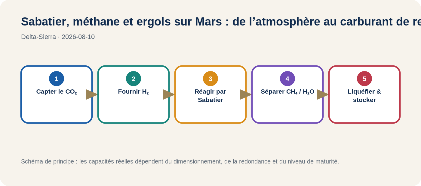 Schéma de la réaction de Sabatier et de la production d’ergols martiens.