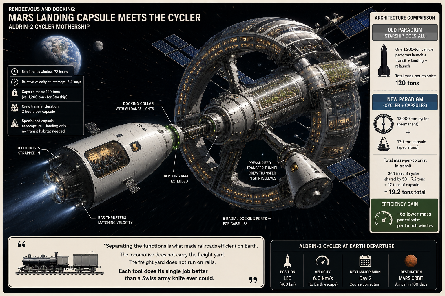A landing capsule meeting a cycler — interplanetary transport can be separated from planetary departure and landing vehicles.