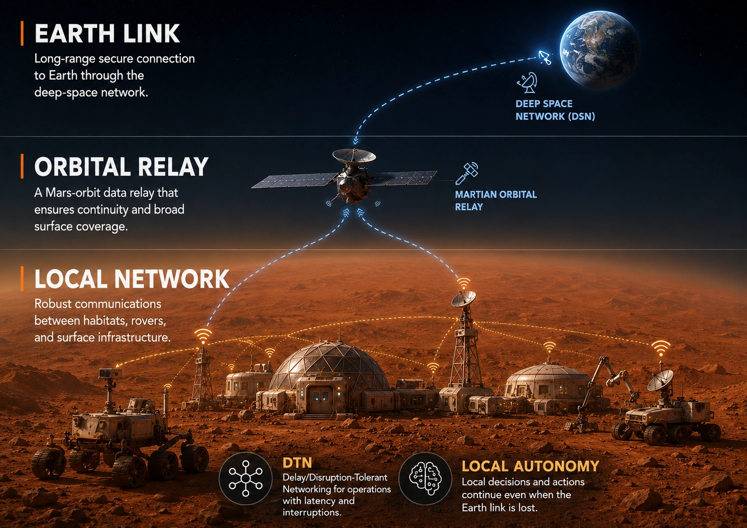 Premium Mars communications architecture showing local network, orbital relay, DTN and Earth link.